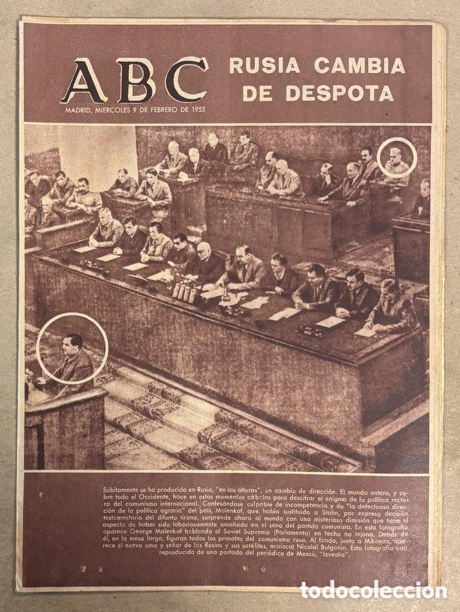 Coleccionismo de revistas y peri&oacute;dicos: ABC (9 FEBRERO 1955) RUSIA CAMBIA DE DESPOTA MALENKOF - BULGANIN, DERRUMBE CASA CALLE MONTERA