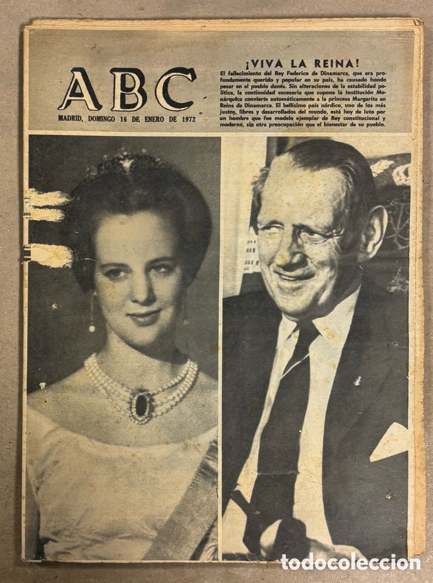 Coleccionismo de revistas y peri&oacute;dicos: ABC (16 ENERO 1972) FALLECE REY FEDERICO DE DINAMARCA, ASESINATO SERENO FERROL, PEP&Iacute;N FERN&Aacute;NDEZ