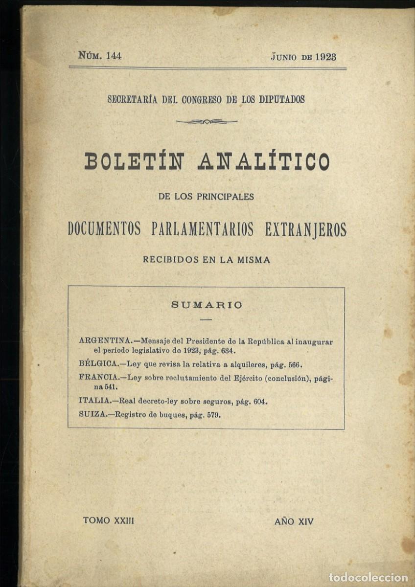 Coleccionismo de revistas y peri&oacute;dicos: BOLETIN ANALITICO DE LOS PRINCIPALES DOCUMENTOS PARLAMENTARIOS EXTRANJEROS. N&ordm; 144 JUNIO 1923