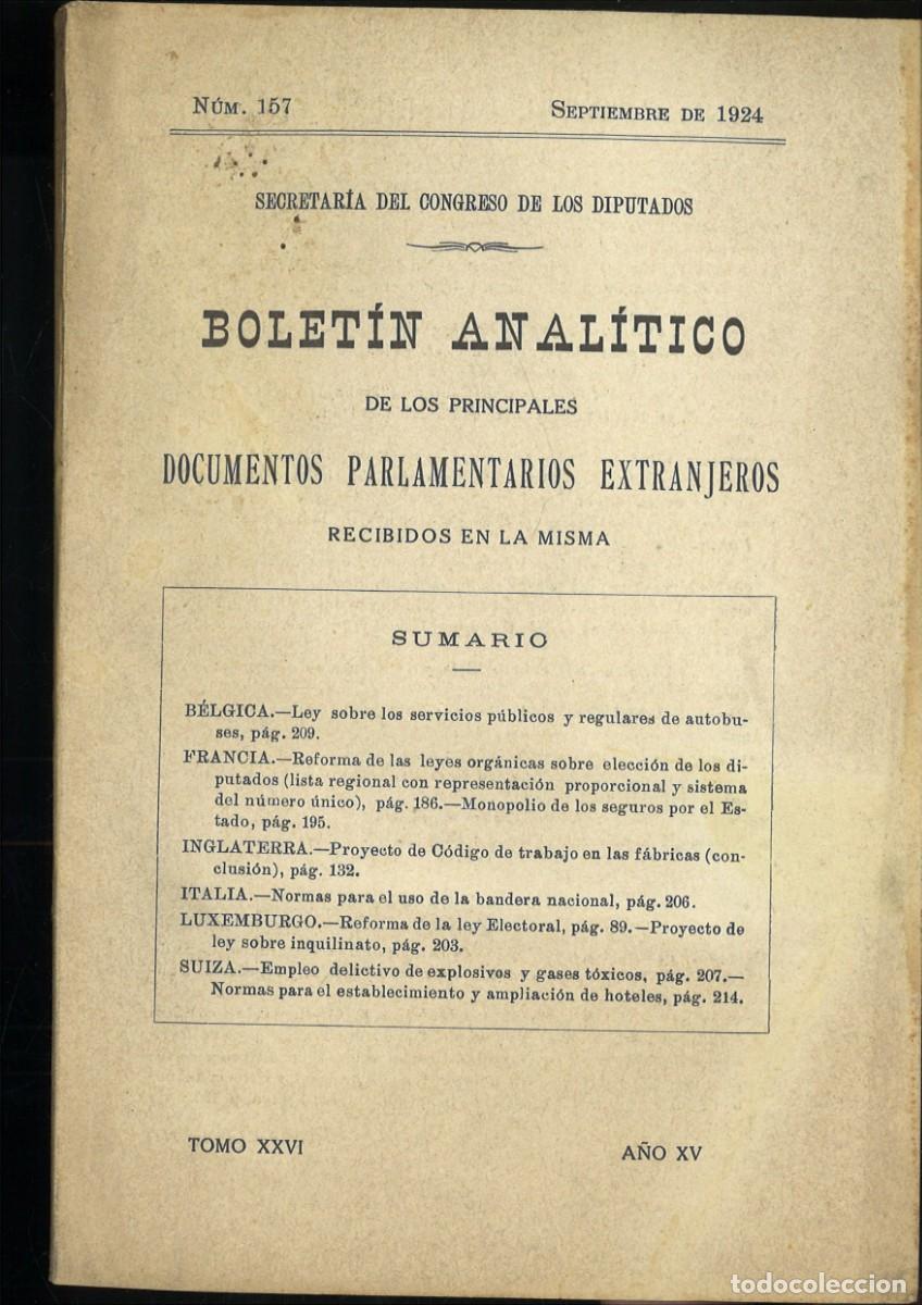Coleccionismo de revistas y peri&oacute;dicos: BOLETIN ANALITICO DE LOS PRINCIPALES DOCUMENTOS PARLAMENTARIOS EXTRANJEROS. N&ordm; 157 SEPTIEMBRE 1924