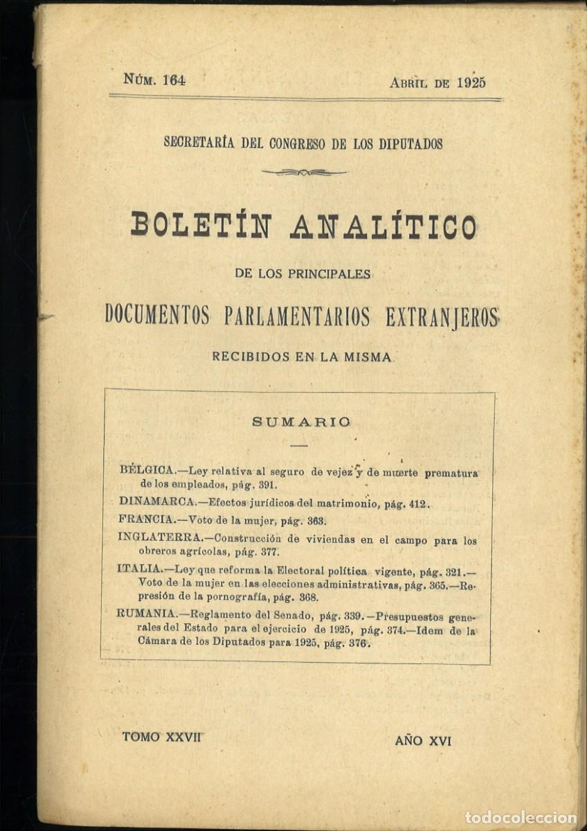 Coleccionismo de revistas y peri&oacute;dicos: BOLETIN ANALITICO DE LOS PRINCIPALES DOCUMENTOS PARLAMENTARIOS EXTRANJEROS. N&ordm; 164 ABRIL 1925