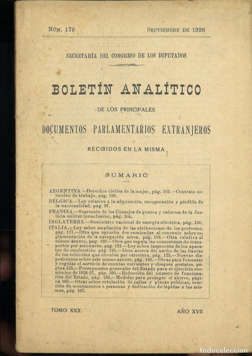 Coleccionismo de revistas y peri&oacute;dicos: BOLETIN ANALITICO DE LOS PRINCIPALES DOCUMENTOS PARLAMENTARIOS EXTRANJEROS. N&ordm; 179 SEPTIEMBRE 1926