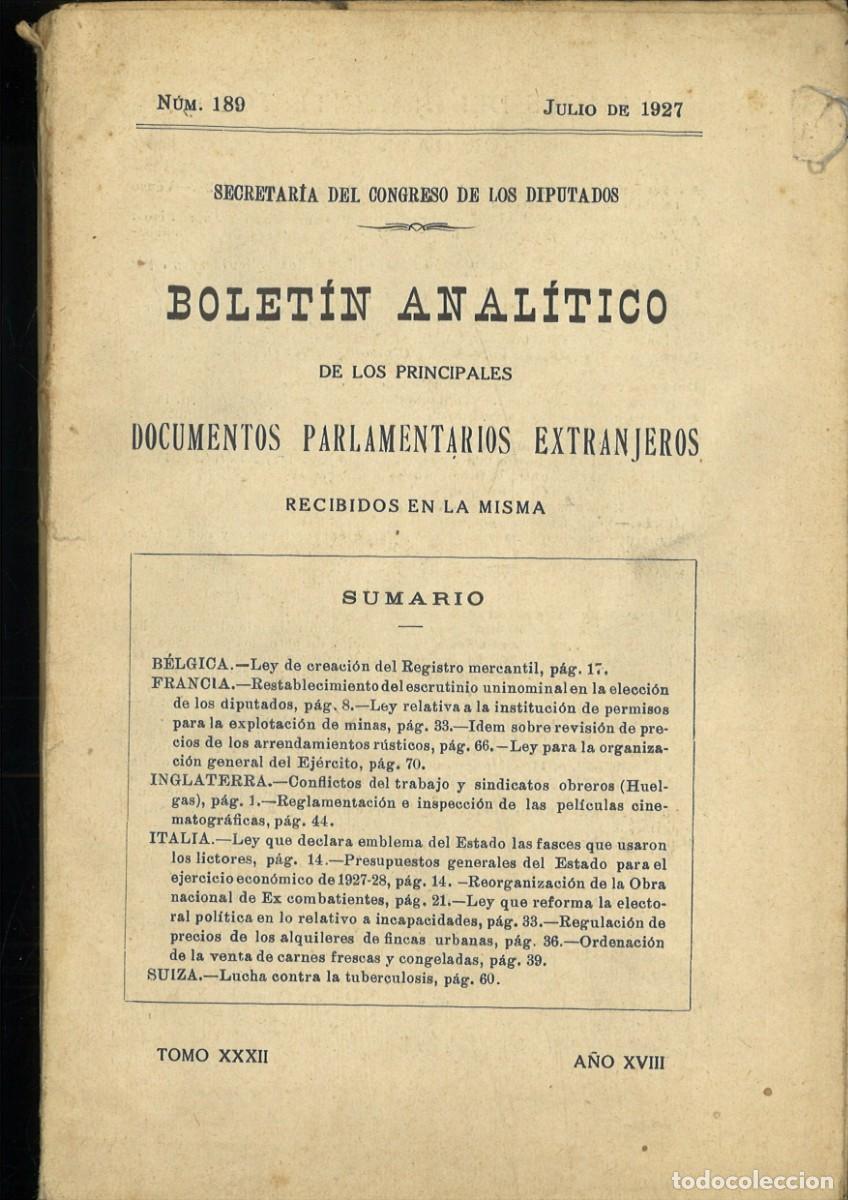Coleccionismo de revistas y peri&oacute;dicos: BOLETIN ANALITICO DE LOS PRINCIPALES DOCUMENTOS PARLAMENTARIOS EXTRANJEROS. N&ordm; 189 JULIO 1927