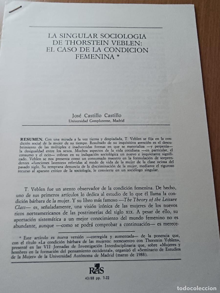 Coleccionismo de revistas y peri&oacute;dicos: LA CONDICI&Oacute;N FEMENINA Y LA SOCIOLOG&Iacute;A DE THORSTEIN VEBLEN. 16 P&Aacute;GINAS REVISTA REIS, 1988