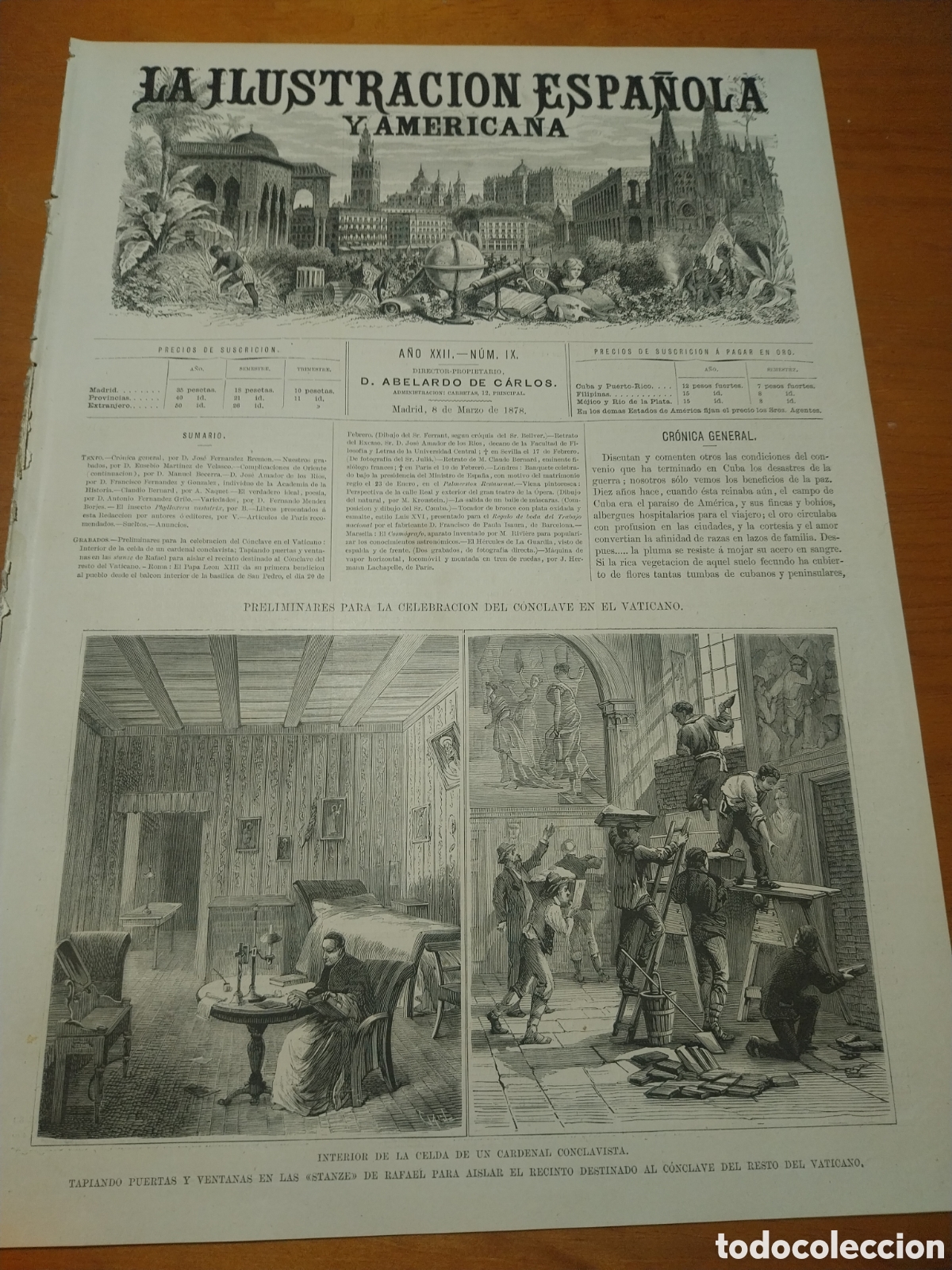 Sammeln von Zeitschriften und Zeitungen: REVISTA 1878 BENDICION DEL PAPA LEON XII SAN PEDRO.CALLE REAL DE VIENA.SALIDA BAILE DE MASCARAS.