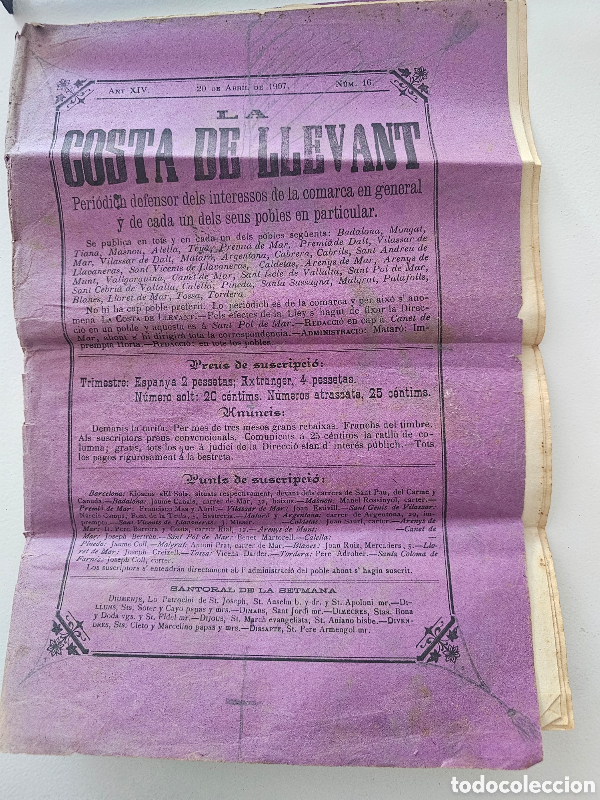 Coleccionismo de revistas y peri&oacute;dicos: Muy raro Peri&oacute;dico La Costa de Llevant Arenys de Mar Canet Matar&oacute; 20 Abril 1907 N&uacute;m 16