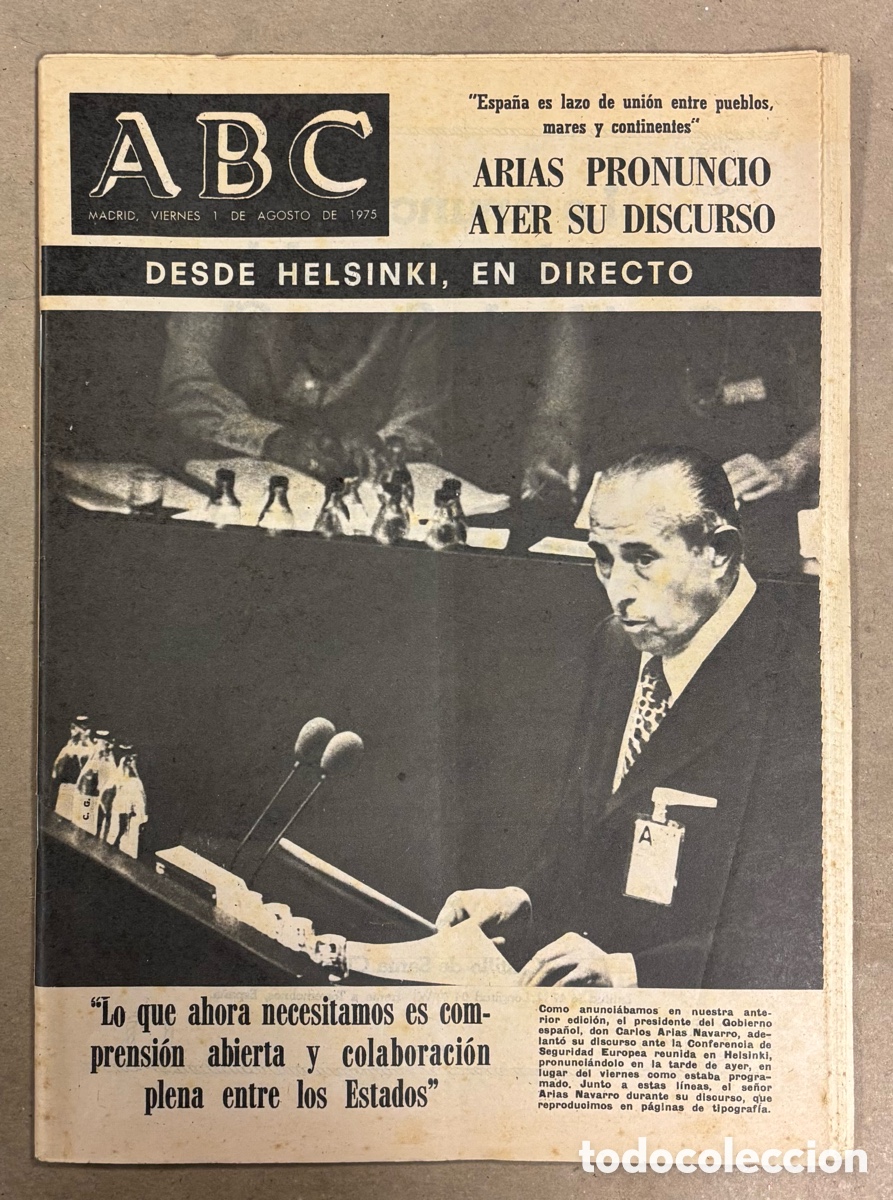 Coleccionismo de revistas y peri&oacute;dicos: ABC (1 AGOSTO 1975) ARIAS NAVARRO EN CONFERENCIA SEGURIDAD EUROPEA, ENTREVISTA A AREILZA, UD SALAMAN