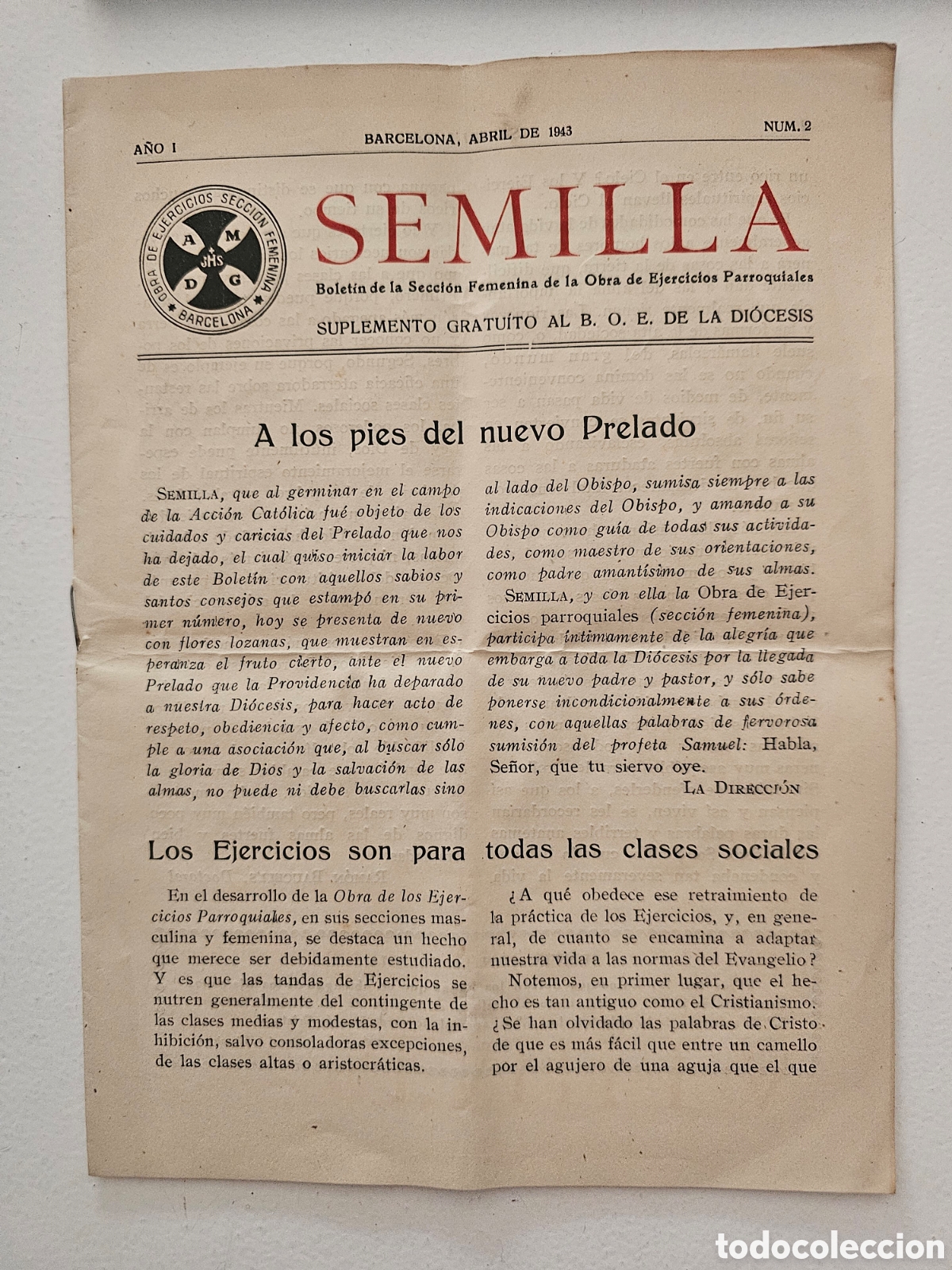 Coleccionismo de revistas y peri&oacute;dicos: Folleto Semilla N&ordm; 2 (1943) Ejercicios Parroquiales Barcelona - Acci&oacute;n Cat&oacute;lica Secci&oacute;n Femenina