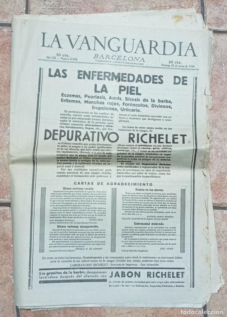 Coleccionismo de revistas y peri&oacute;dicos: LA VANGUARDIA BARCELONA PERIODICO 25 DE MARZO 1934 ALMACENES JORBA, MONA DE PASCUA