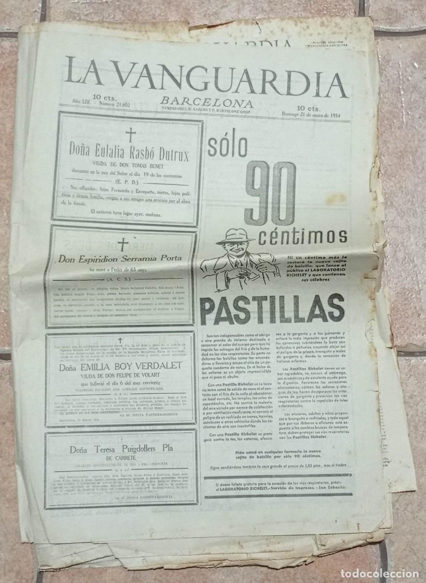 Coleccionismo de revistas y peri&oacute;dicos: LA VANGUARDIA BARCELONA PERIODICO 21 DE ENERO 1934