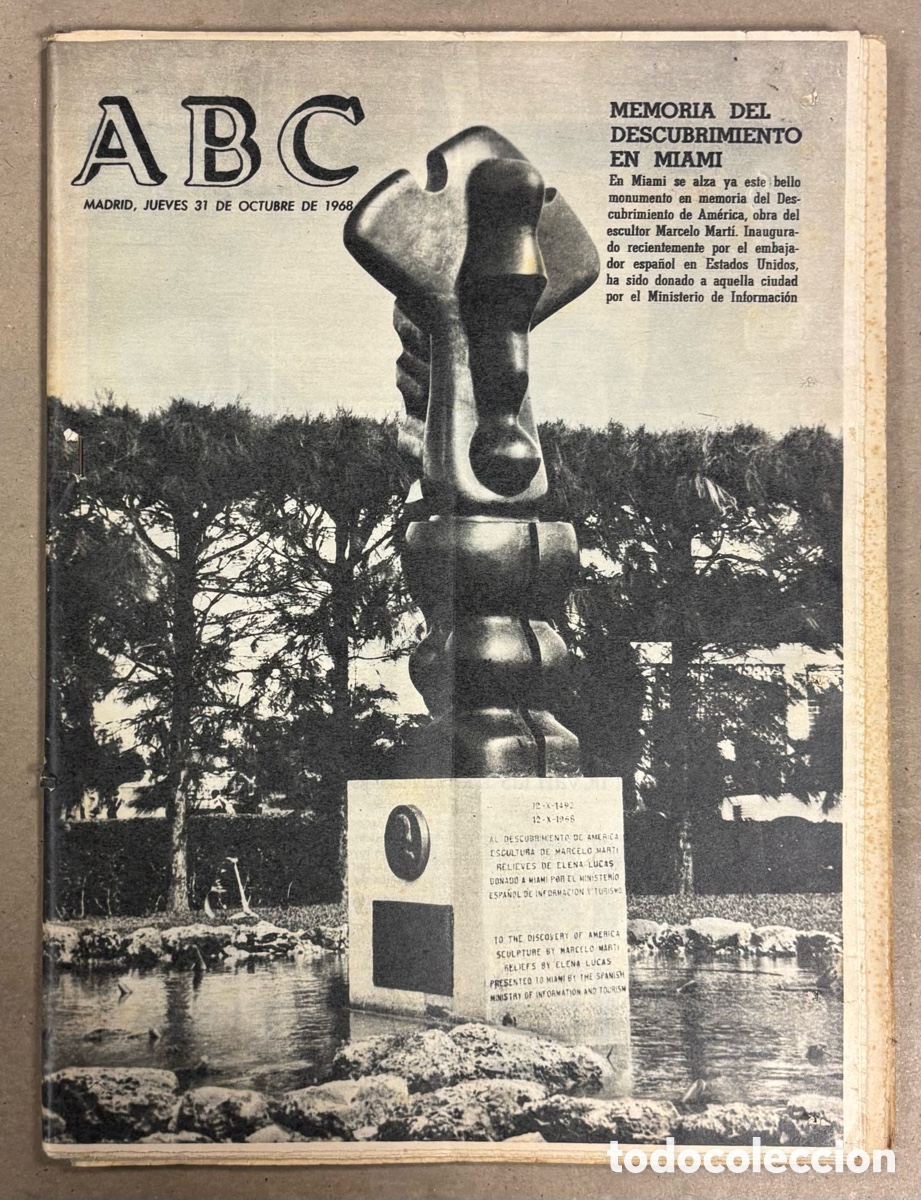 Coleccionismo de revistas y peri&oacute;dicos: ABC (31 OCTUBRE 1968) MONUMENTO DESCUBRIMIENTO AMERICA MIAMI MARCELO MART&Iacute;, ZARAGOZS 3-0 ABEERDEN CO
