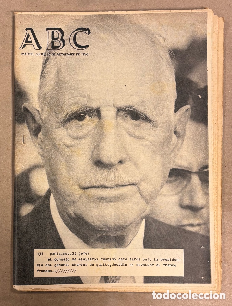 Coleccionismo de revistas y peri&oacute;dicos: ABC (25 NOVIEMBRE 1968) DE GAULLE NO DEVALUA EL FRANCO, ATL&Eacute;TICO MADRID 5-1 DEPORTIVO CORU&Ntilde;A,