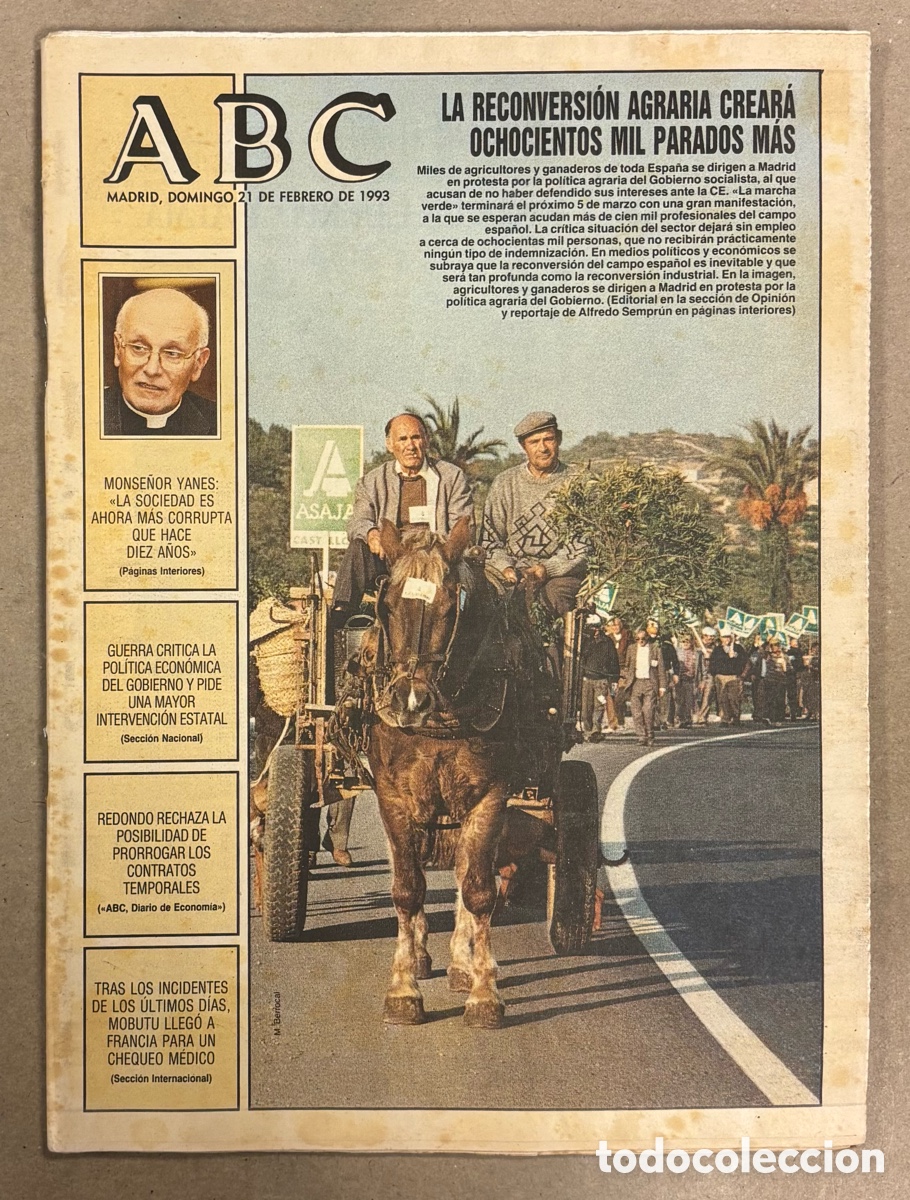 Coleccionismo de revistas y peri&oacute;dicos: ABC (21 FEBRERO 1993) LA RECONVERSI&Oacute;N AGRARIA CREA MAS PARADOS, MONSE&Ntilde;OR EL&Iacute;AS YANES, CHIRIGOTAS