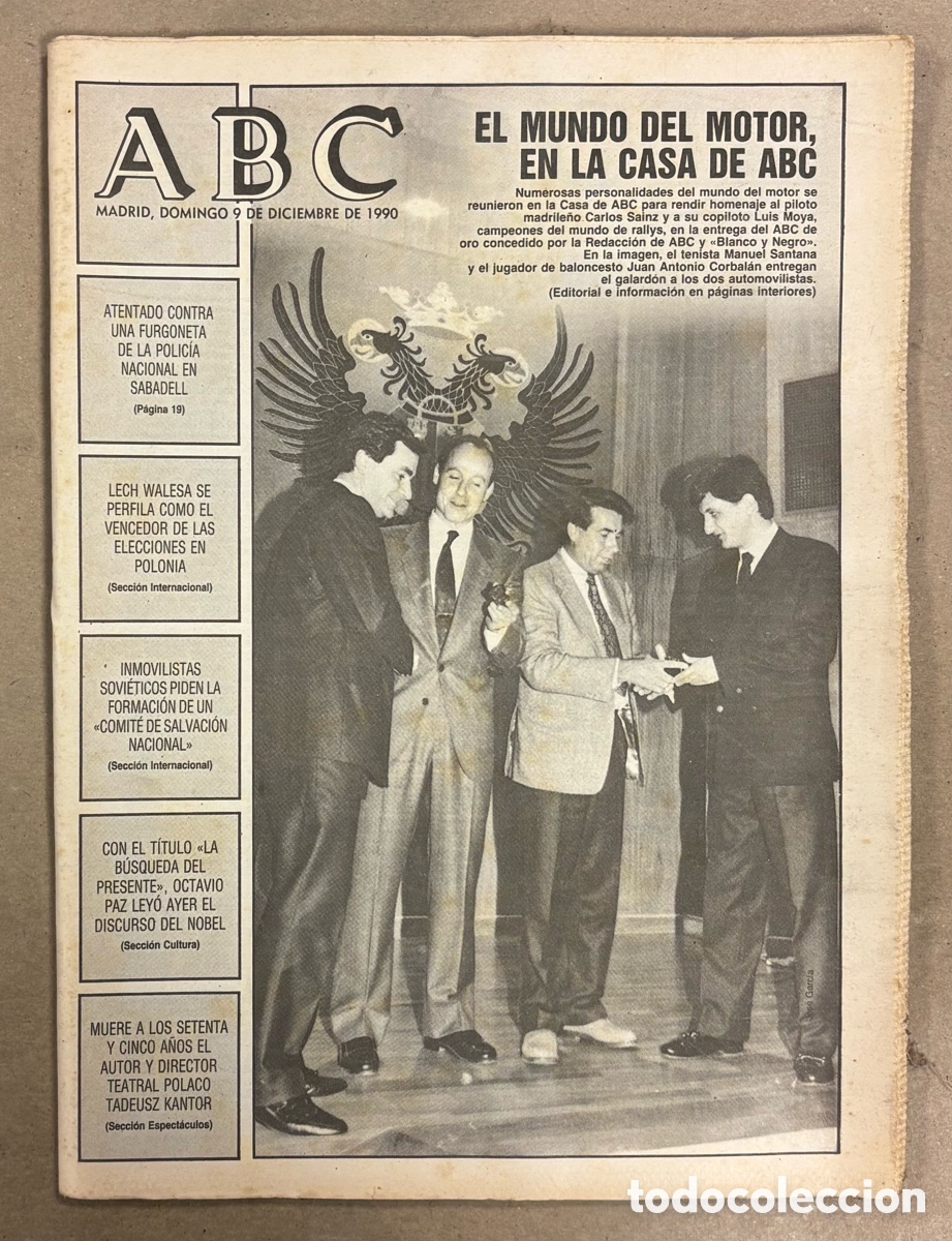Coleccionismo de revistas y peri&oacute;dicos: ABC (9 DICIEMBRE 1990) CARLOS SAINZ Y LUIS MOYA, ATENTADO ETA SABADELL, ANA OBREG&Oacute;N, ENTIERRO CABO F
