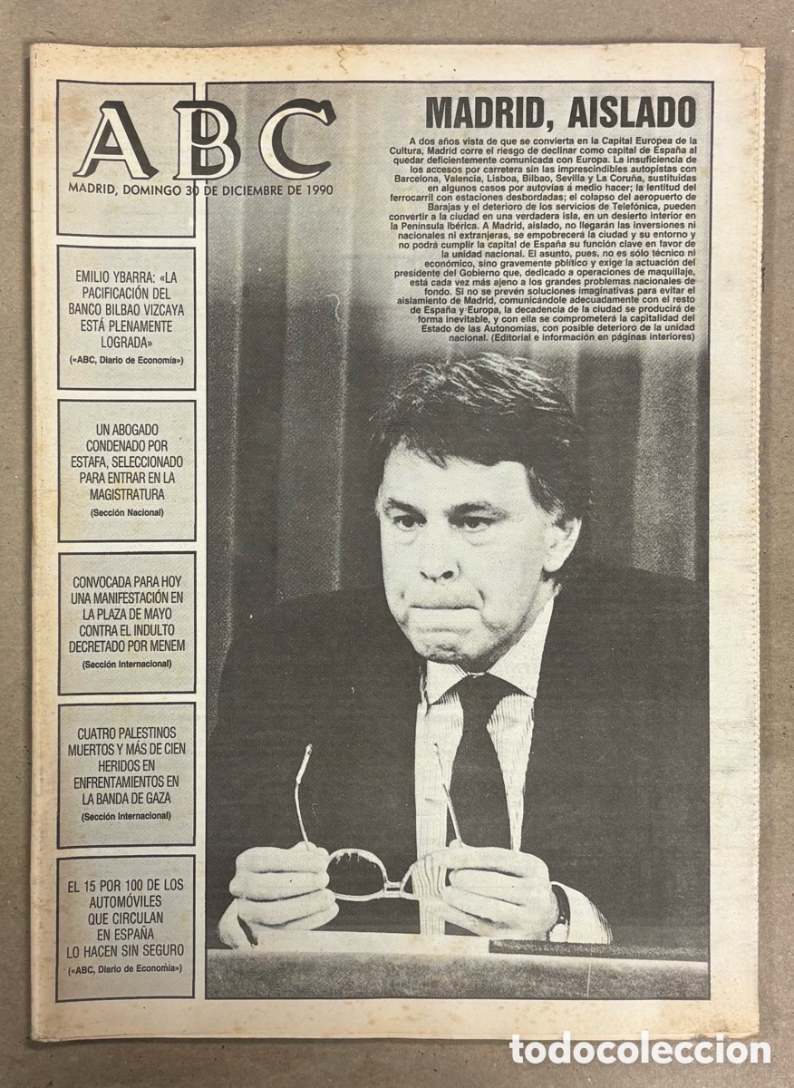 Coleccionismo de revistas y peri&oacute;dicos: ABC (30 DICIEMBRE 1990) MADRID AISLADO TRANSPORTE, FC BARCELONA DE CRUYFF, EMILIO YBARRA, INDULTO ME