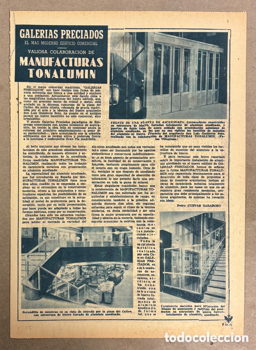 Coleccionismo de revistas y peri&oacute;dicos: GALER&Iacute;AS PRECIADOS DE CALLAO. ANUNCIO PUBLICITARIO PERI&Oacute;DICO ABC A&Ntilde;O 1956. MANUFACTURAS TONALUMIN