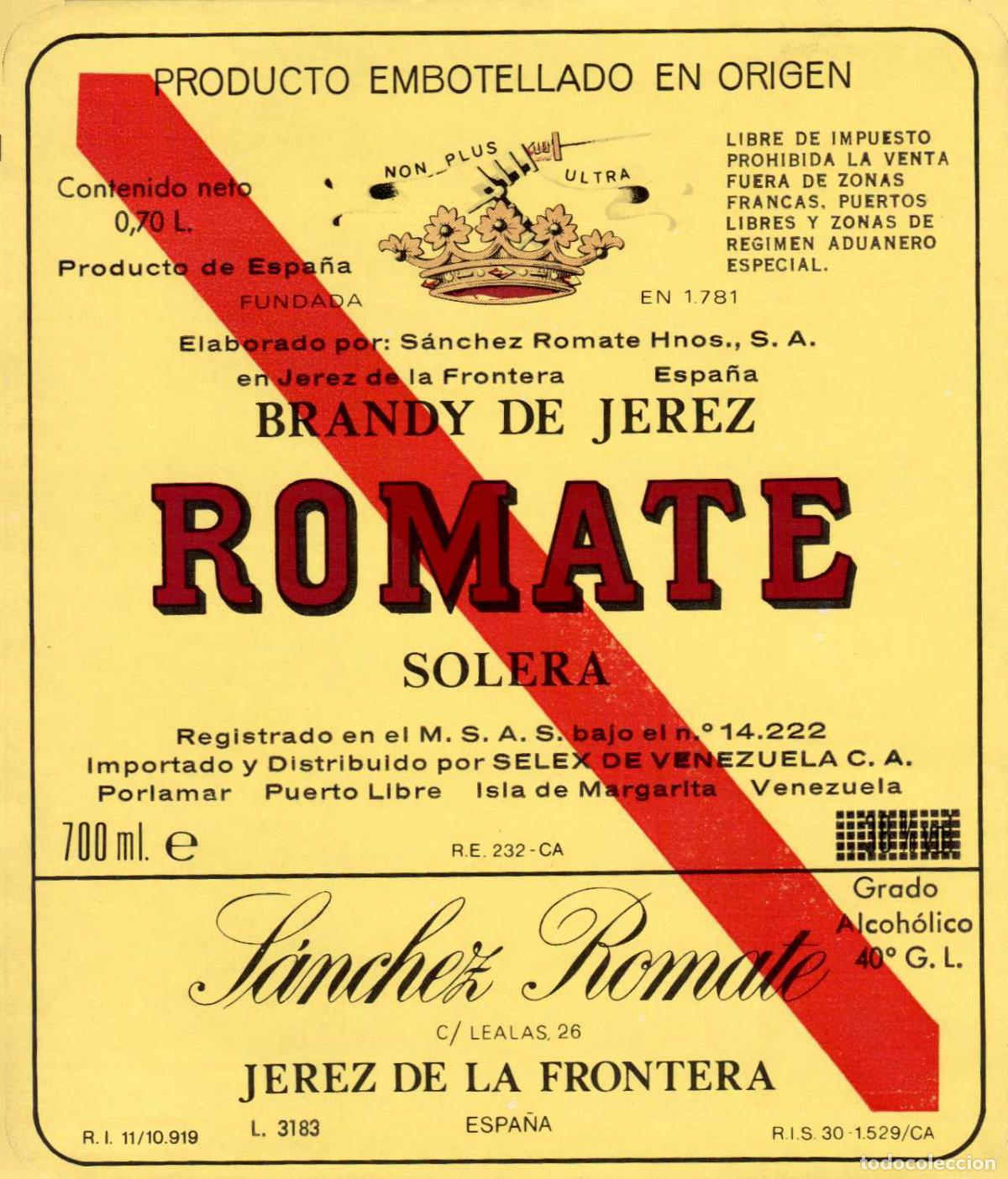 Coleccionismo de revistas y peri&oacute;dicos: ETIQUETA VINO BRANDY DE JEREZ ROMATE SANCHEZ ROMATE JEREZ DE LA FRONTERA