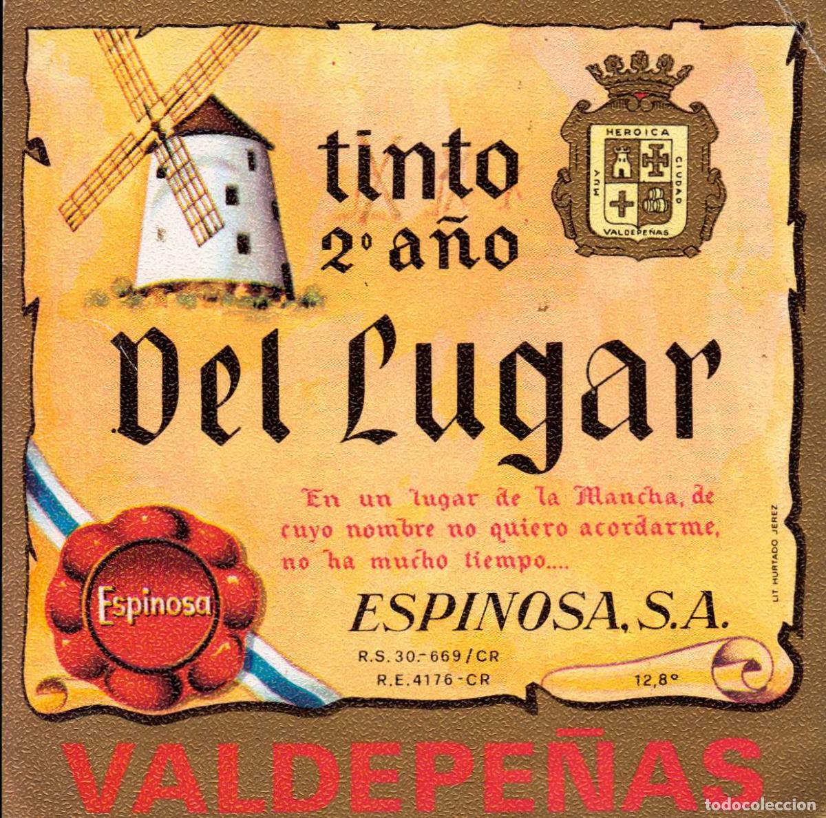 Coleccionismo de revistas y peri&oacute;dicos: ETIQUETA VINO TINTO 2&ordm; A&Ntilde;O DEL LUGAR VALDEPE&Ntilde;AS ESPINOSA S.A