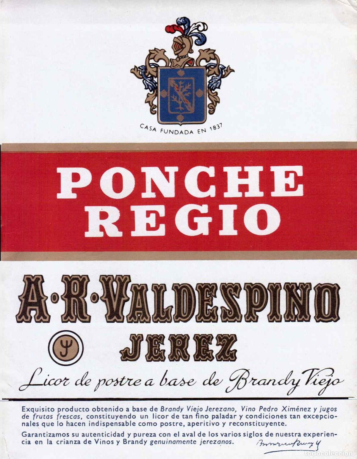 Coleccionismo de revistas y peri&oacute;dicos: ETIQUETA PONCHE REGIO A.R. VALDEPINO JEREZ