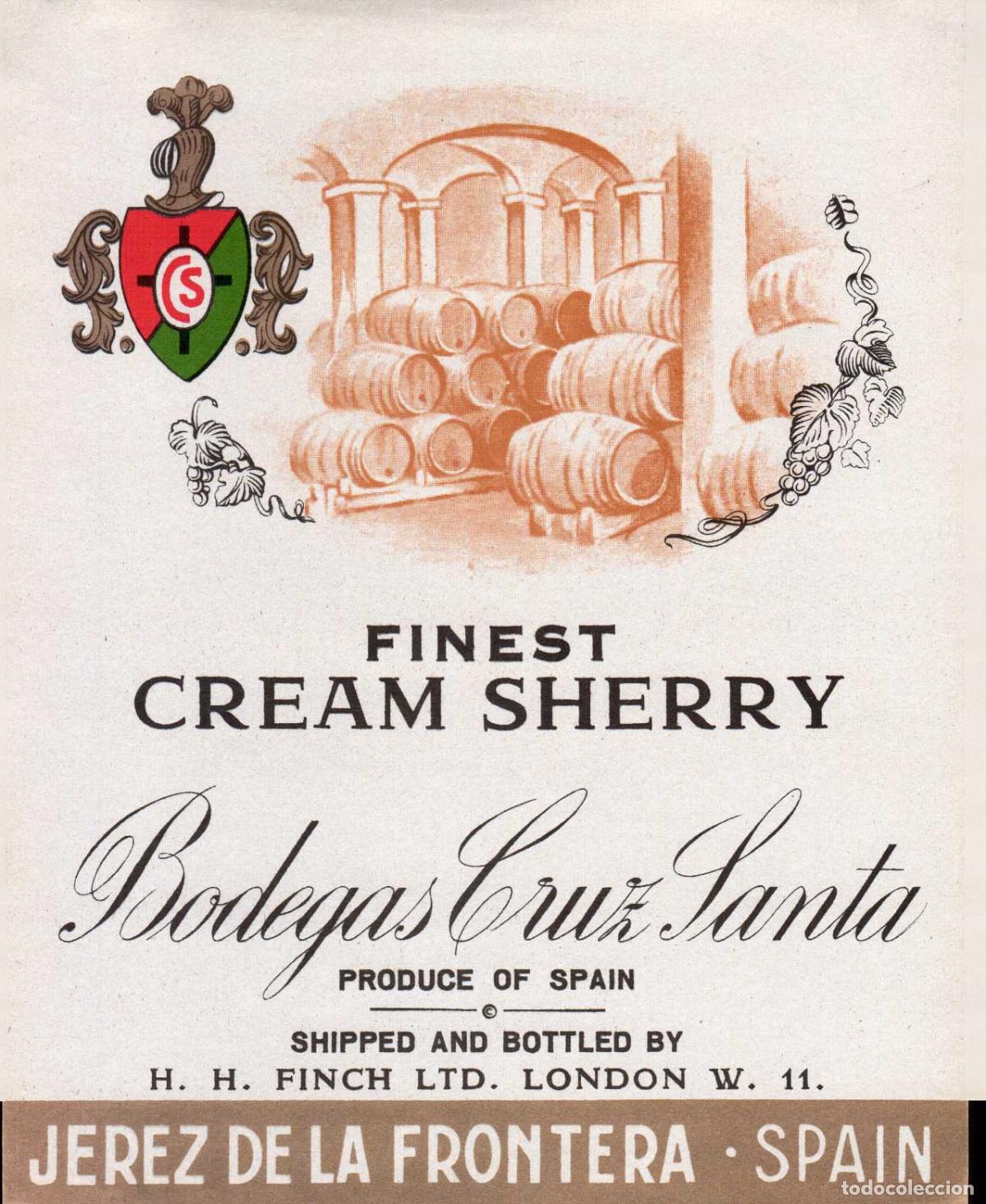Coleccionismo de revistas y peri&oacute;dicos: ETIQUETA VINO CREAM SHERRY BODEGAS CRUZ SANTA JEREZ DE LA FRONTERA