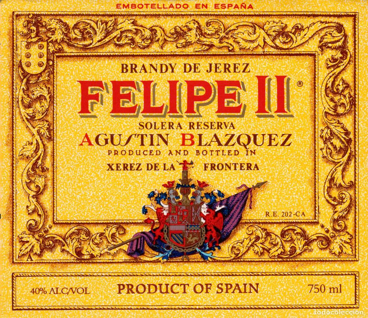 Coleccionismo de revistas y peri&oacute;dicos: ETIQUETA BRANDY DE JEREZ FELIPE II SOLERA RESERVA AGUSTIN BLAZQUEZ