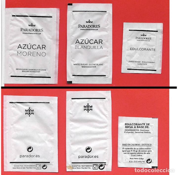 Sachets de sucre de collection: Lote de 3 sobres de az&uacute;car, blanquilla, moreno y sacarina, de Paradores
