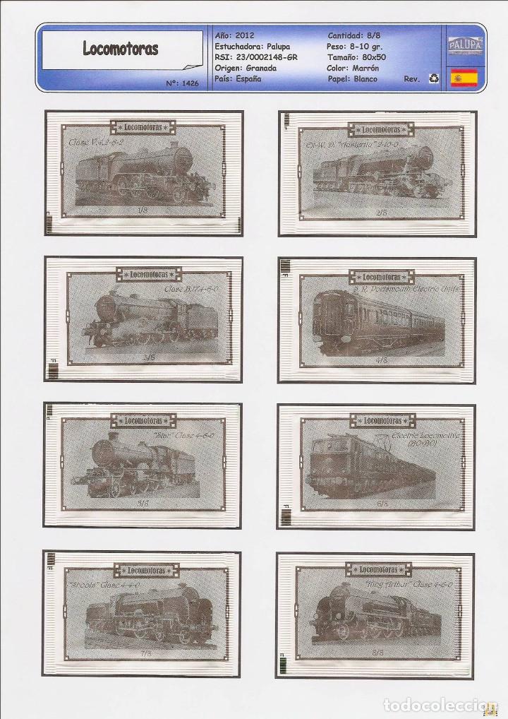 Collection sugar packets: 1426 SERIE SOBRES DE AZ&Uacute;CAR: Locomotoras. Modelo Negro. EST. : Palupa 8/8