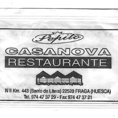 Sobres de azúcar de colección: SOBRE AZÚCAR. RESTAURANTE CASANOVA. FRAGA. HUESCA. 25-1498. Lote 385695129