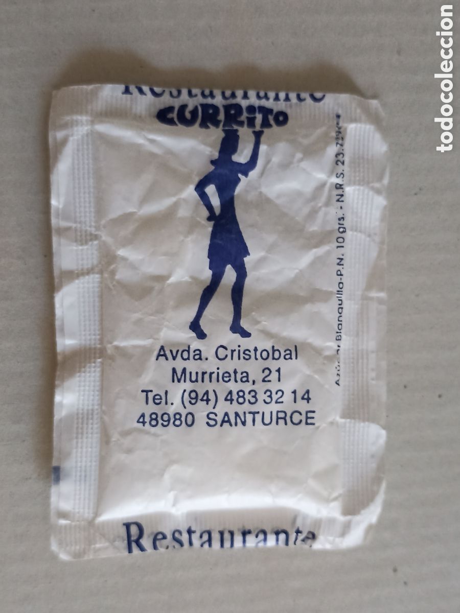 Sobres de az&uacute;car de colecci&oacute;n: 1 azucarillo lleno - Restaurante Currito Madrid - A&ntilde;os 90 - Pedido m&iacute;nimo