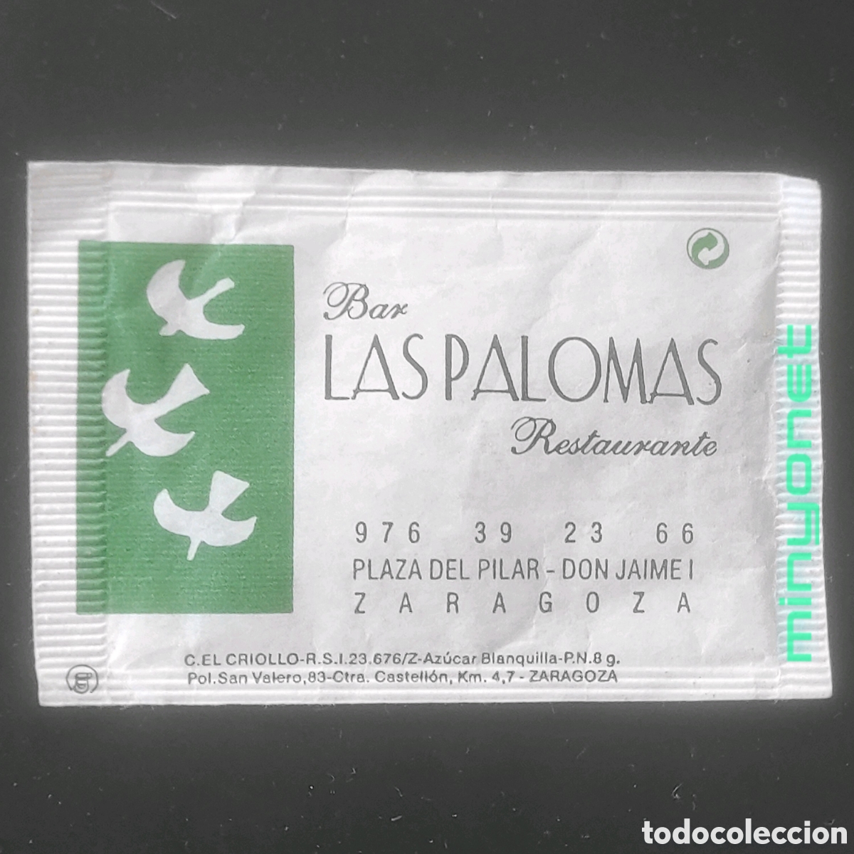 Sobres de az&uacute;car de colecci&oacute;n: Sobre de az&uacute;car Bar Restaurante Las Palomas Zaragoza - Espa&ntilde;ol Bujaraloz