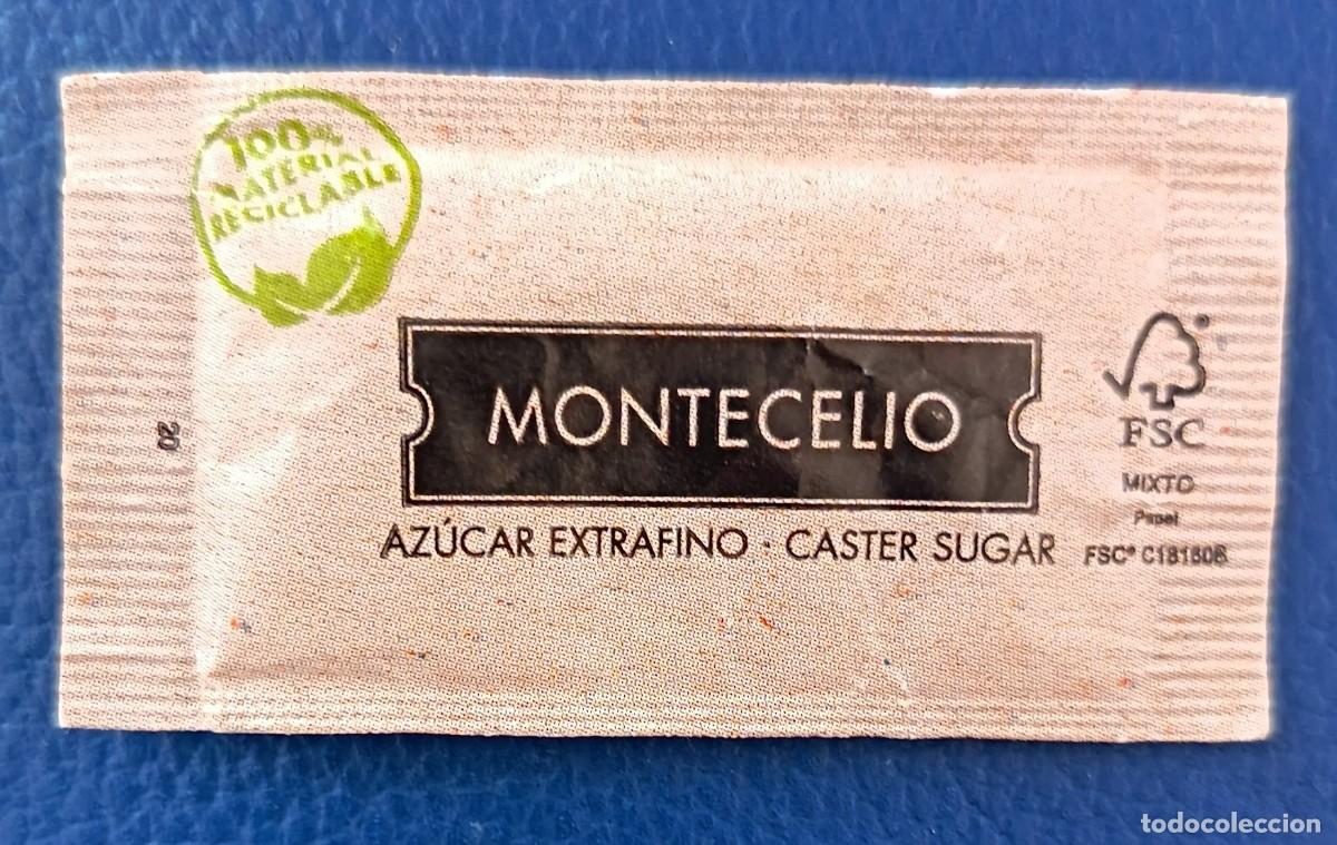 Sobres de az&uacute;car de colecci&oacute;n: Sobre de Azucar. Lleno. Montecelio. Cien por cien, material reciclable.