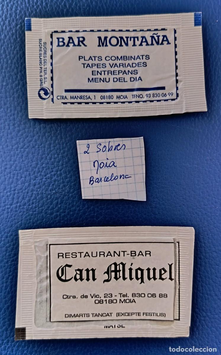 Sobres de az&uacute;car de colecci&oacute;n: 2 Sobres de Azucar. Moia. Can Miquel. Bar Monta&ntilde;a. Uno abierto como un libro.