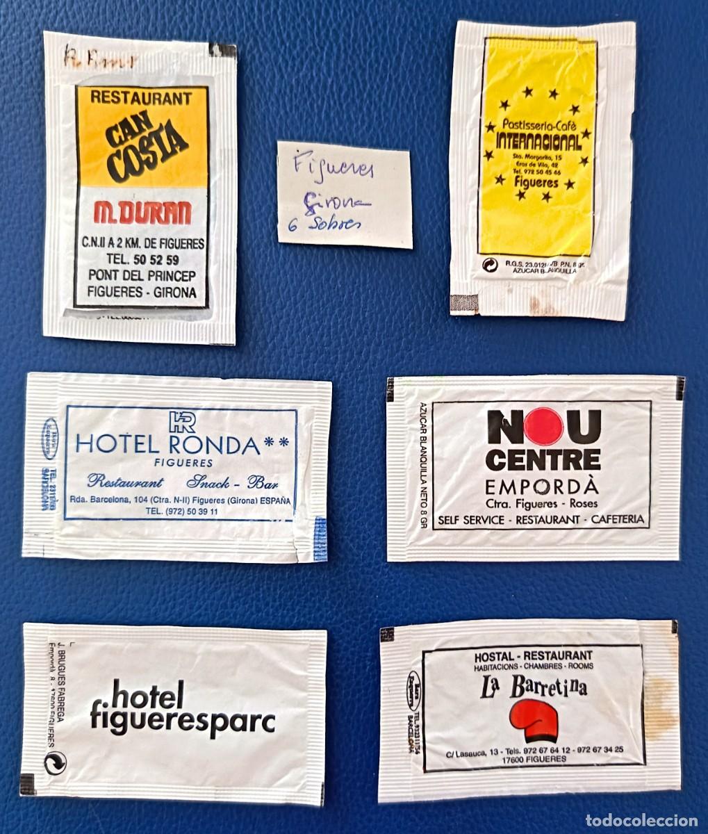 Sobres de az&uacute;car de colecci&oacute;n: 6 Sobres de Azucar. Figueres. Girona. Uno abierto como un libro.