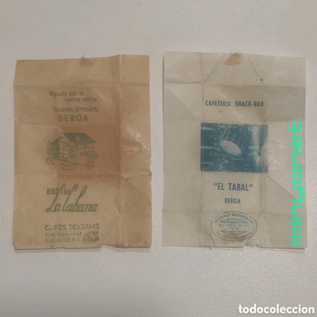 Sobres de az&uacute;car de colecci&oacute;n: 2 envoltorios az&uacute;car terr&oacute;n Berga (Bergued&agrave;) Barcelona