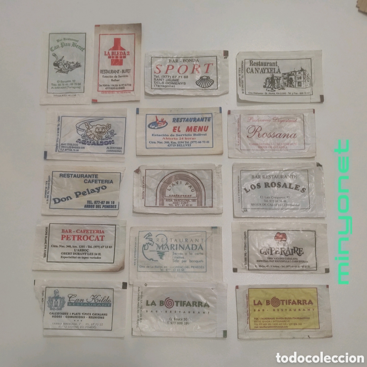 Sobres de az&uacute;car de colecci&oacute;n: 16 sobres az&uacute;car del Baix Pened&egrave;s (Albinyana, Bellvei, l'Arbo&ccedil;, Lloren&ccedil;, Segur de Calafell, etc.)