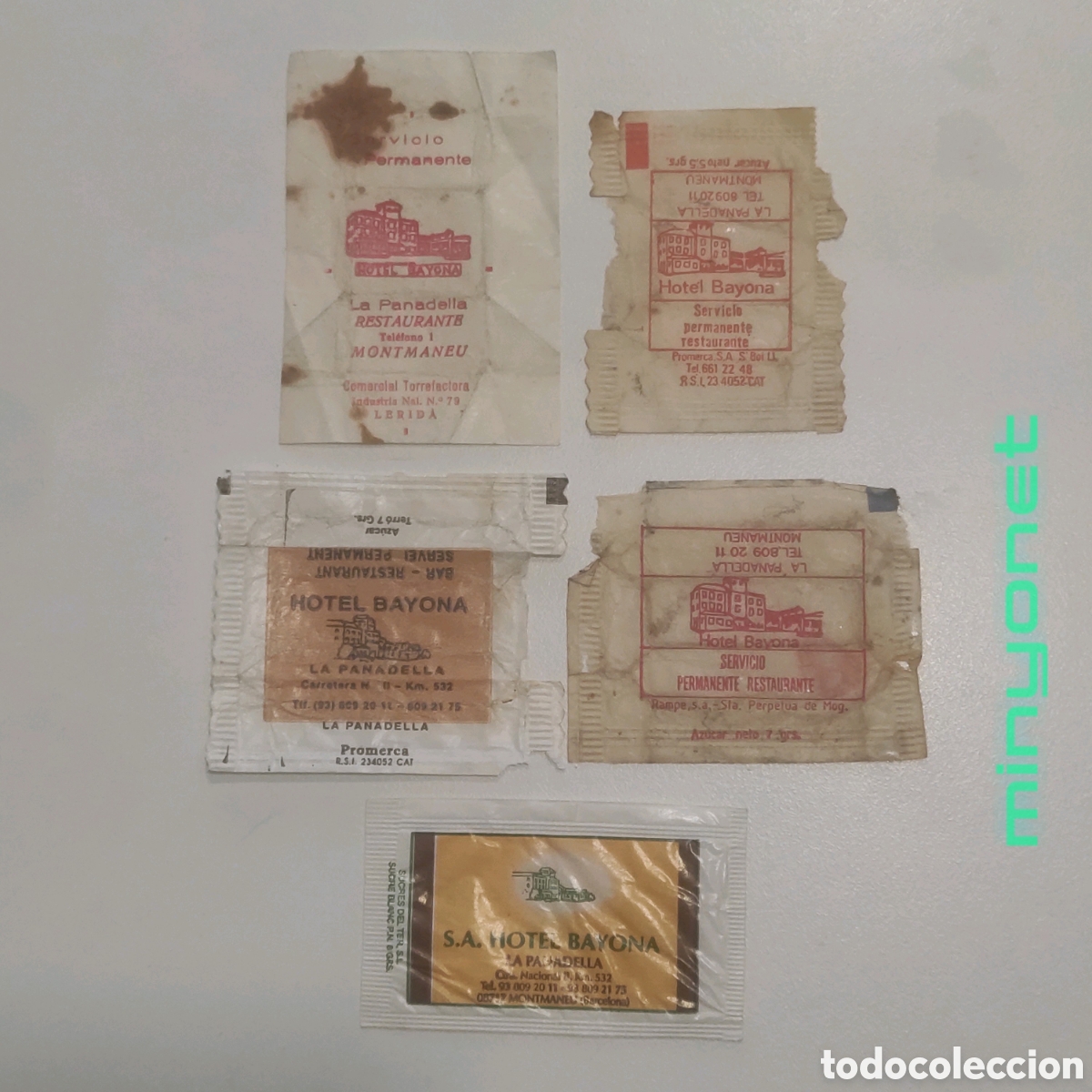 Sobres de az&uacute;car de colecci&oacute;n: 4 envoltorios + 1 sobre de az&uacute;car Hotel Bayona La Panadella (Montmaneu, Anoia) Barcelona