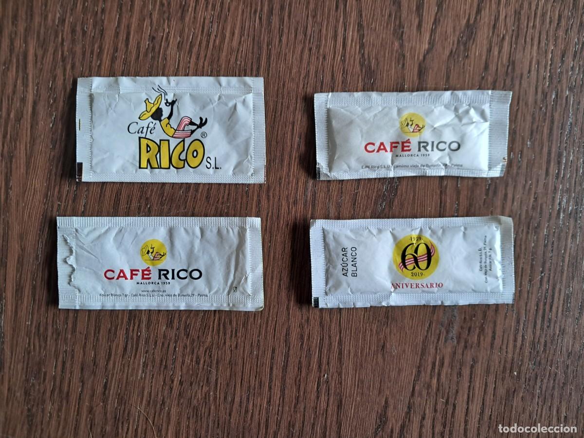Sobres de az&uacute;car de colecci&oacute;n: lote de 4 sobres de caf&eacute; vac&iacute;os de caf&eacute; rico, Palma de Mallorca.