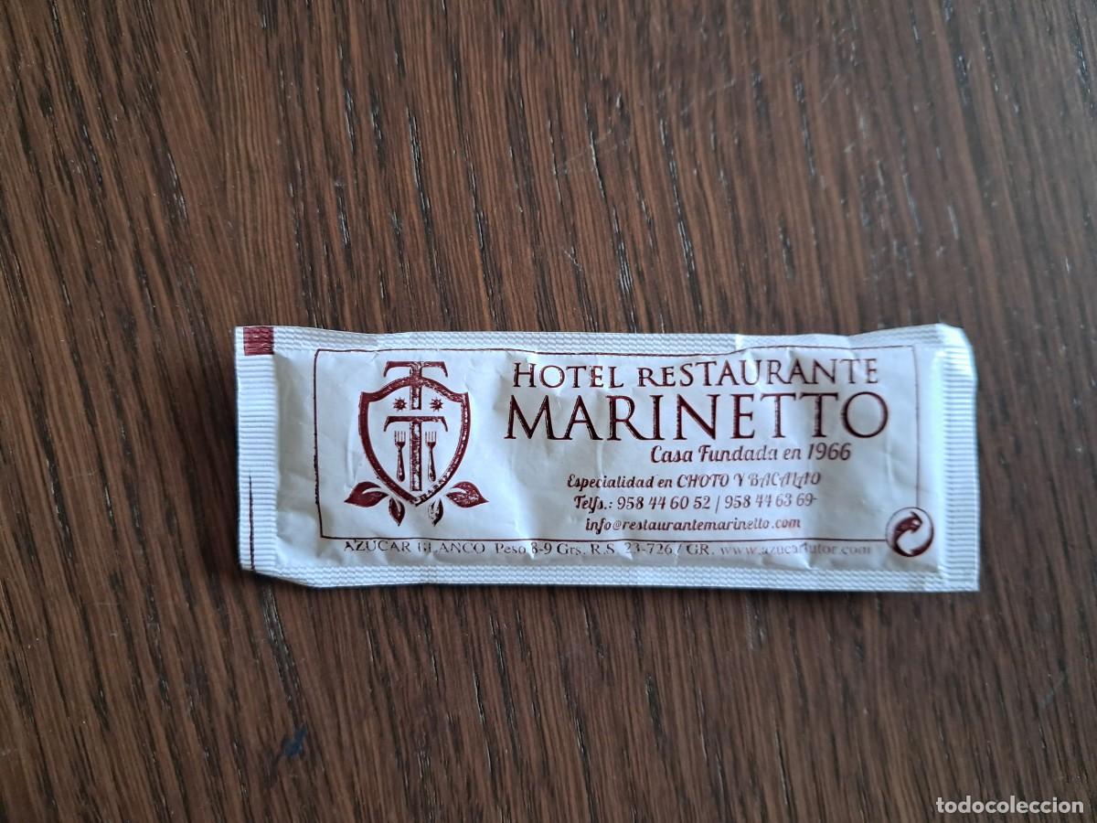 Sobres de az&uacute;car de colecci&oacute;n: sobre de az&uacute;car publicitario, hotel restaurante Marinetto, Chauchina, Granada. frase al dorso.