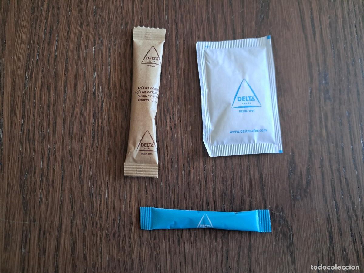Sobres de az&uacute;car de colecci&oacute;n: lote de 3 sobrecitos de az&uacute;car, edulcorante, Delta caf&eacute;s.