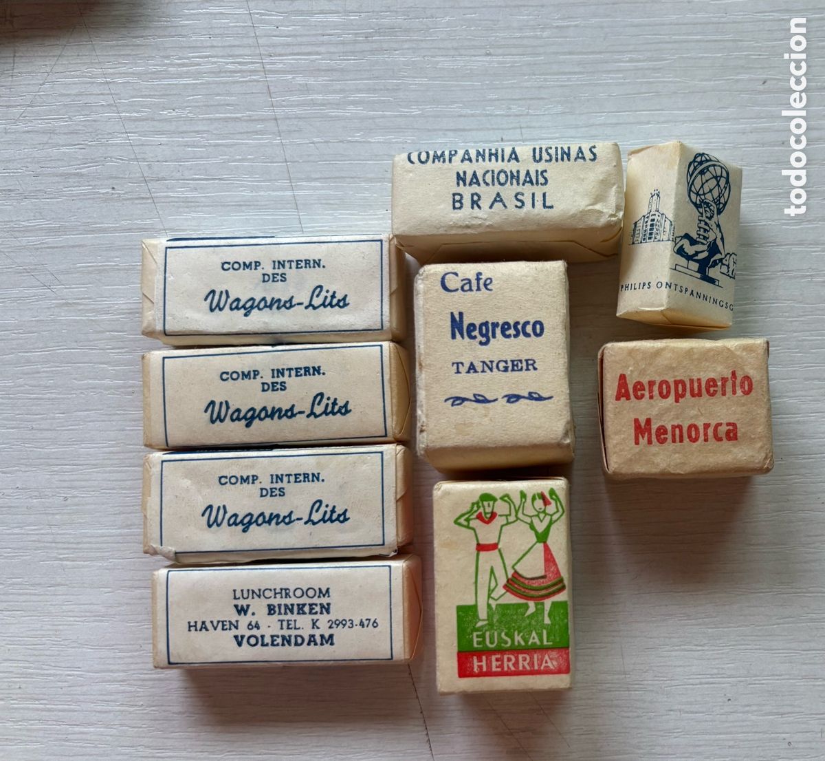 Sobres de az&uacute;car de colecci&oacute;n: Lote 6 Azucarillos Terrones Antiguos A&ntilde;os 50 Rarezas Internacionales Wagons-Lits, T&aacute;nger, Brasil