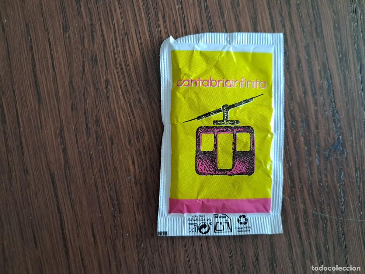 Sobres de az&uacute;car de colecci&oacute;n: sobre de az&uacute;car vac&iacute;o publicitario, Cantabria infinita, telef&eacute;rico de Fuente De. Caf&eacute;s dromedario.
