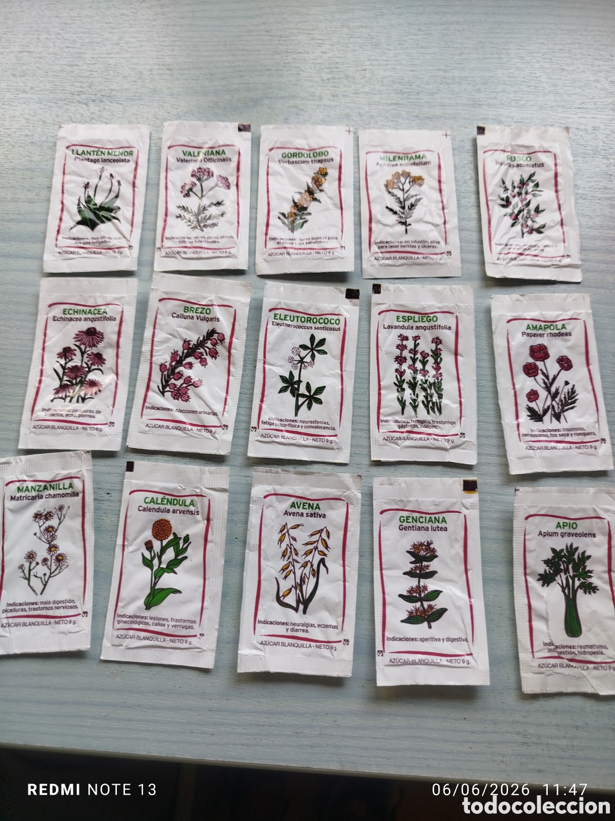 Sobres de az&uacute;car de colecci&oacute;n: 15 sobres plantas medicinales.crro completa