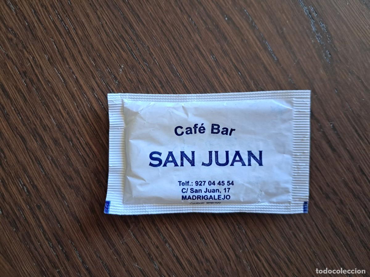 Sobres de az&uacute;car de colecci&oacute;n: sobre de az&uacute;car vac&iacute;o publicitario, caf&eacute; bar San Juan, Madrigalejo, C&aacute;ceres.