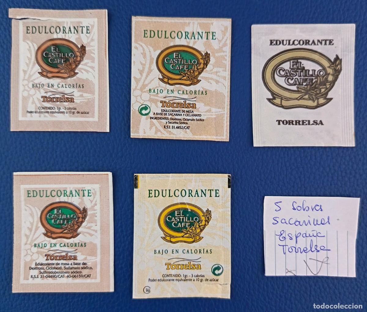 Sobres de az&uacute;car de colecci&oacute;n: 5 Sobres de azucar. Sobres de sacarinas. Torrelsa. El castillo cafe. Diferentes de color.