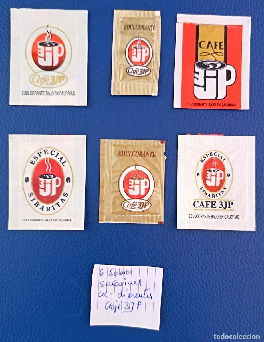 Sobres de az&uacute;car de colecci&oacute;n: 6 Sobres de azucar. Sobres de sacarinas. Cafe Tres JP. Diferentes de color.