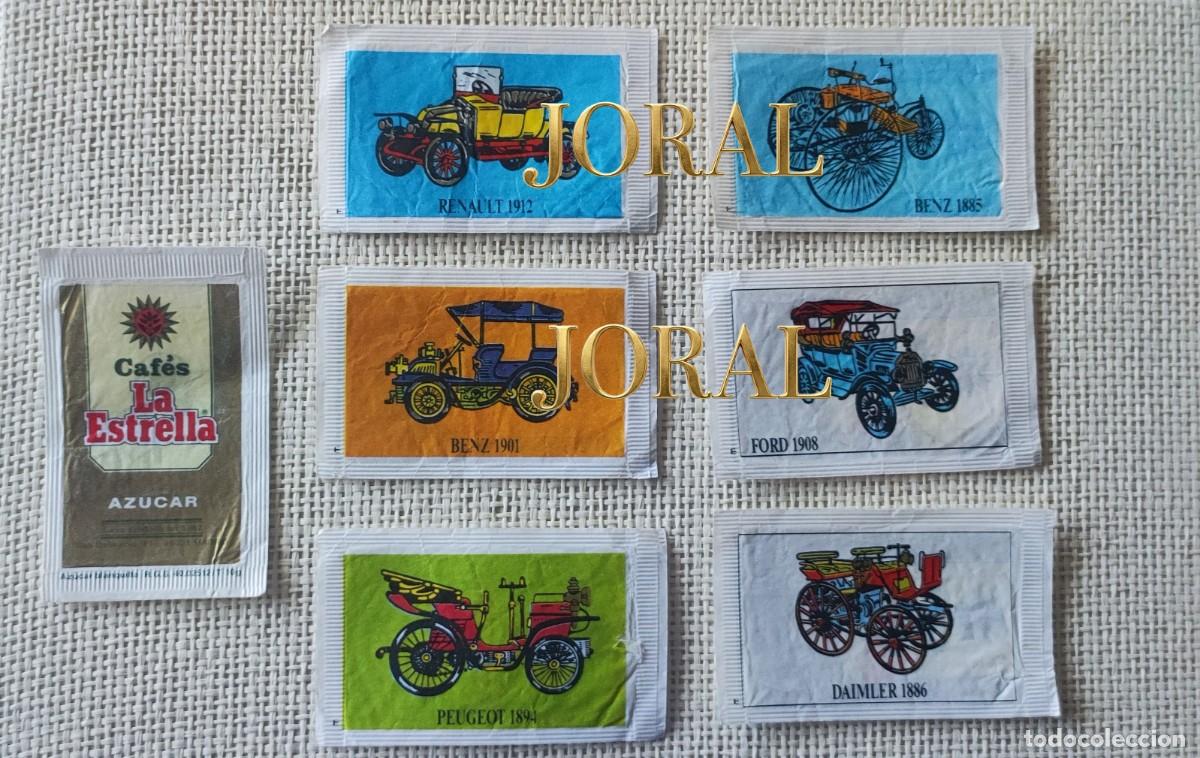 Sobres de az&uacute;car de colecci&oacute;n: Lote 7 Azucarillos Vac&iacute;os - Caf&eacute;s La Estrella y Serie Coches Antiguos / Cl&aacute;sicos