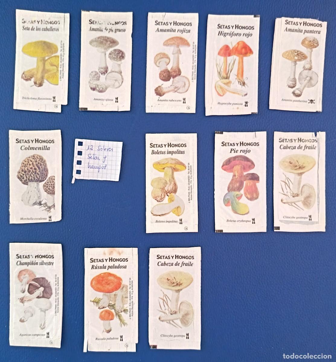 Sobres de az&uacute;car de colecci&oacute;n: 12 Sobres de azucar. Setas y hongos, boletus, diferentes en las dos caras. Uno abierto como un libro