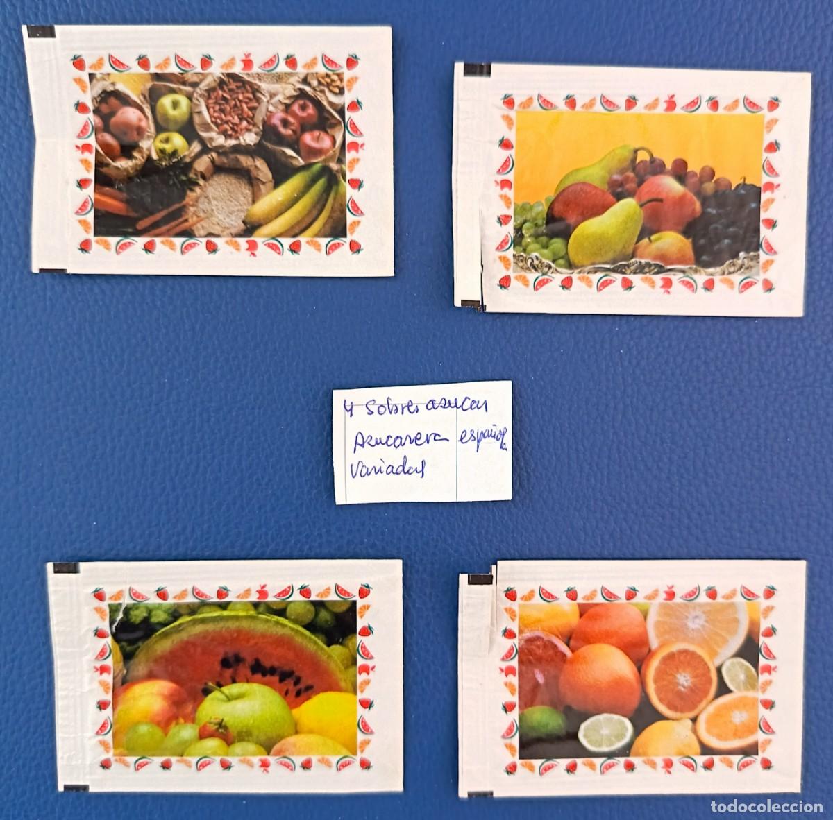 Sobres de az&uacute;car de colecci&oacute;n: 4 Sobres de azucar. Azucarera. Frutas variadas enmarcadas con mas frutas.
