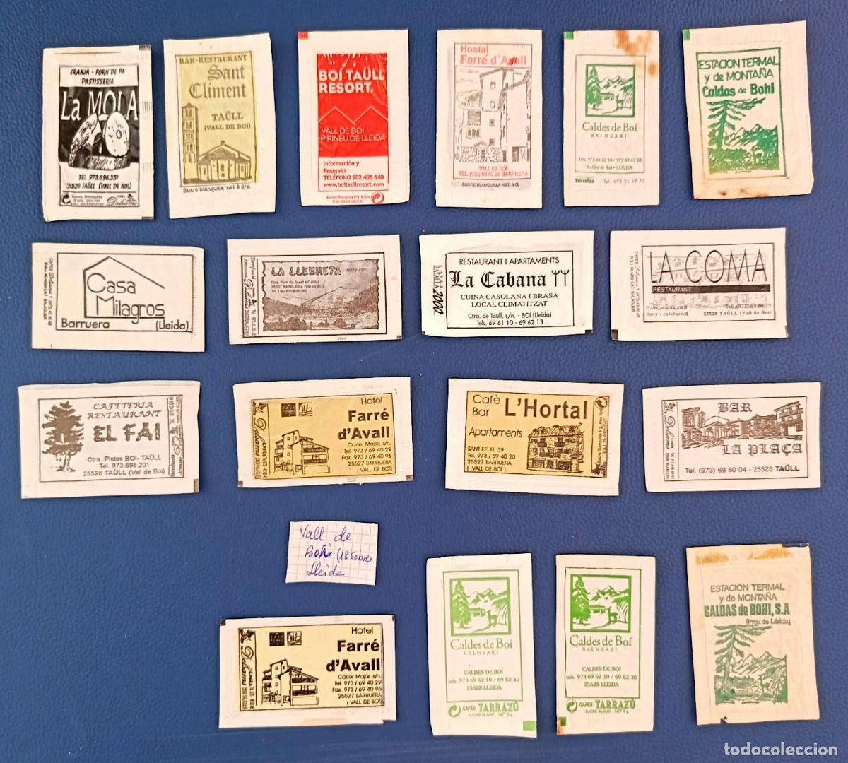 Sobres de az&uacute;car de colecci&oacute;n: 18 Sobres de azucar. Vall de Boi i Ta&uuml;l. Lleida. Uno abierto como un libro.