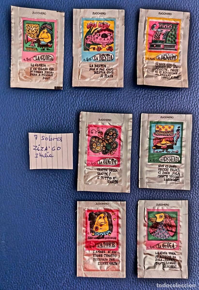 Sobres de az&uacute;car de colecci&oacute;n: 7 Sobres de azucar. ZIZA'GO. Italia. Uno abierto como un libro.